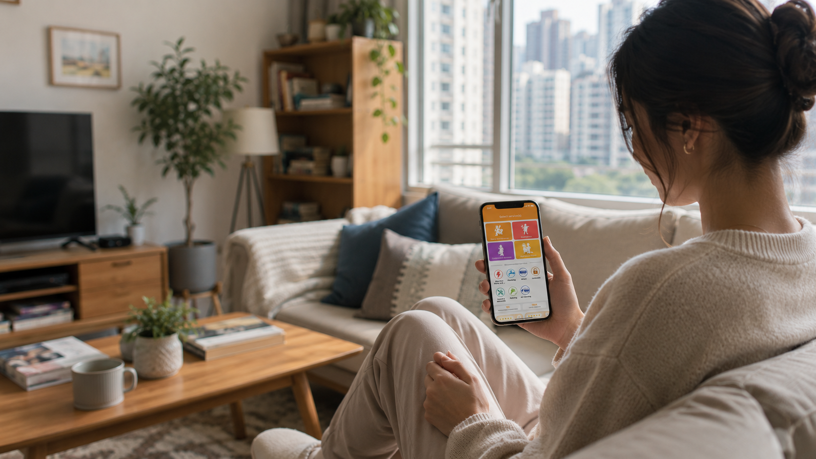 A woman in a Hong Kong living room using the Call Sifu app to pick a service