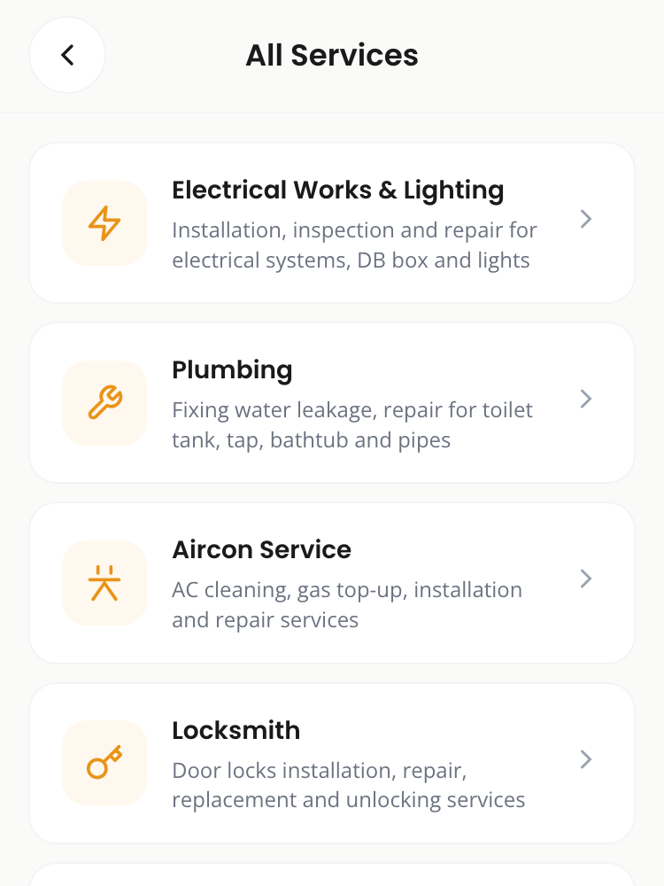 Customer App — all services list