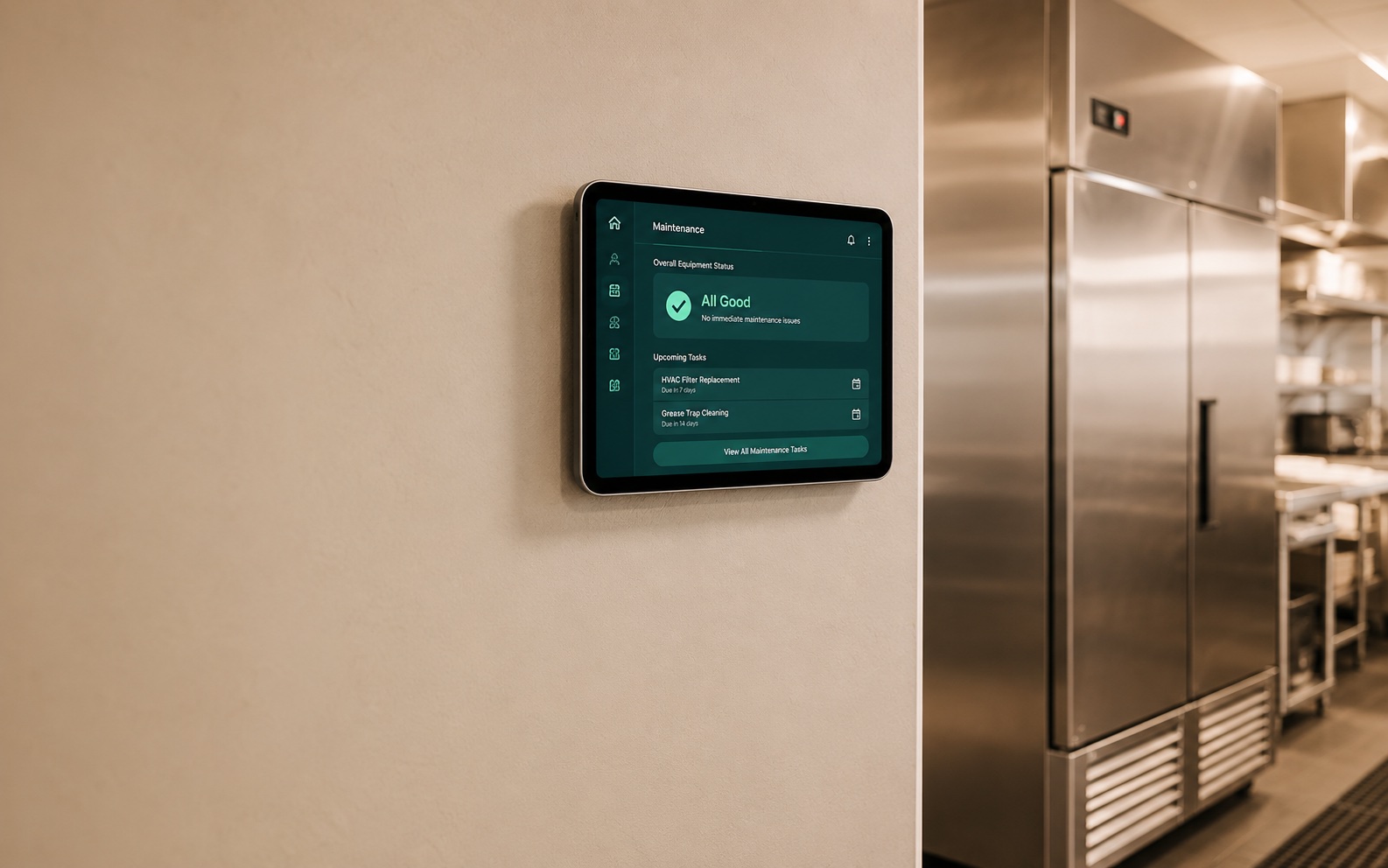 Wall-mounted maintenance tablet in a commercial kitchen showing all equipment in good status