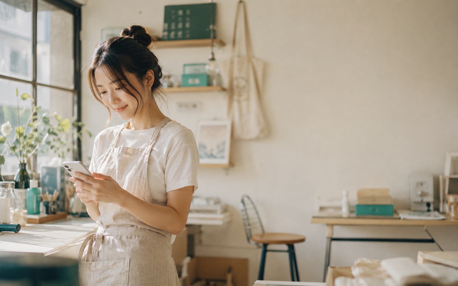 Founder checking her branded app in her studio